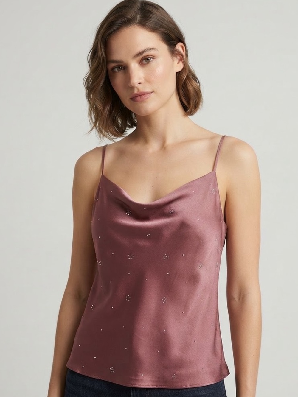 MAURICES Embellished Satin Cowl Camisole L 19” p2p Dusty Mauve NWOT